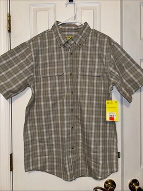 Men's Short-Sleeve Plaid Button-Down Shirt - Olive/Gray